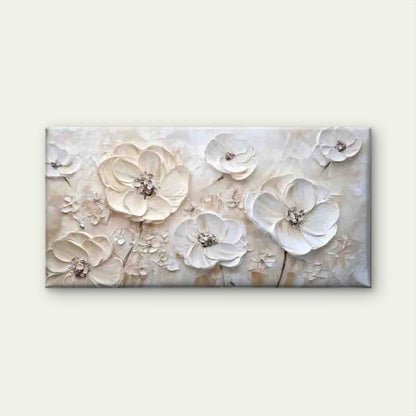Beige White Floral Wall Art Canvas Office Home Room Framed 120x60cm - Bella Home Decor