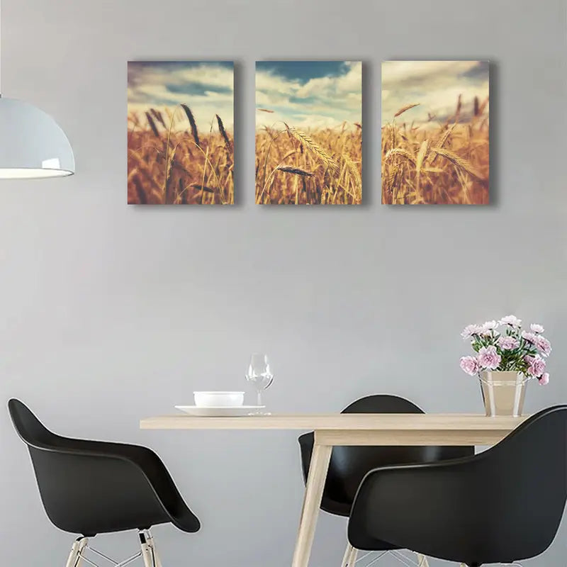 3pcs Vintage Golden Wheat Field Canvas  Metal Print Ready to Hang Art