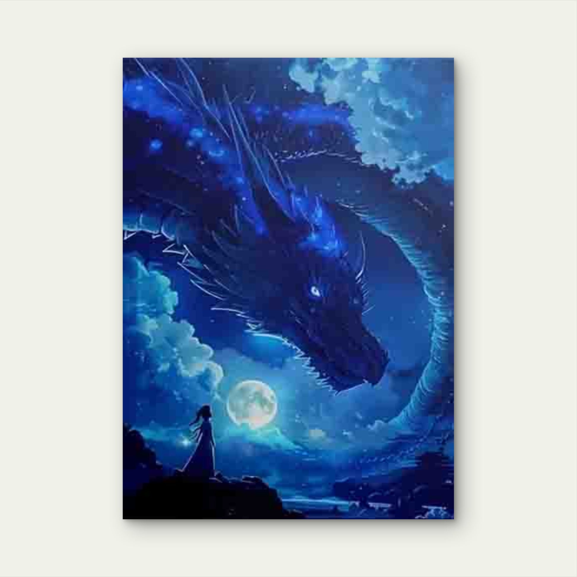 Blue Dragon with Starry Sky and Moon Metal Print Ready to Hang - Bella Home Decor