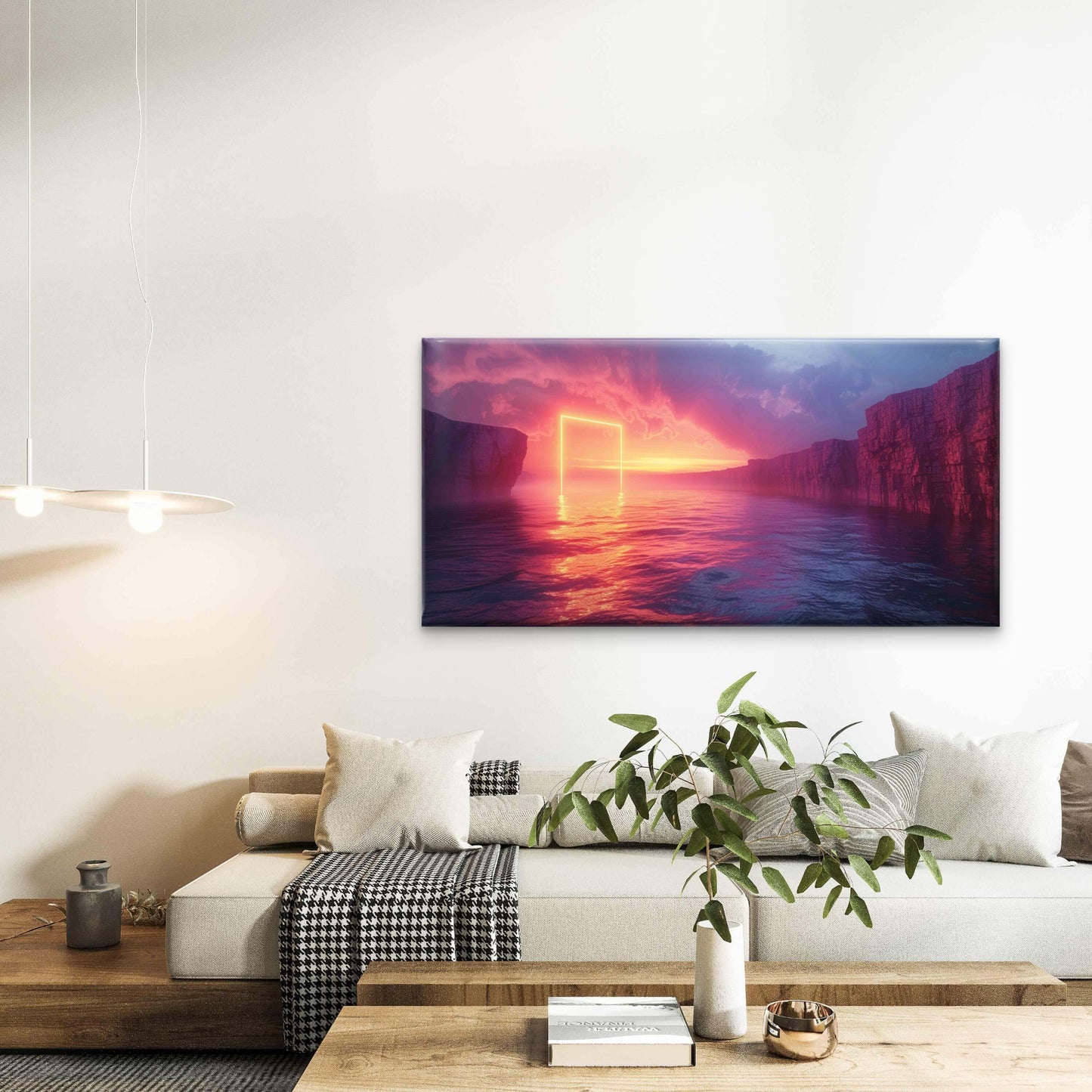 Neon Gate Surreal Seascape Wall Art Canvas Office Home Room Framed 120x60cm - Bella Home Decor