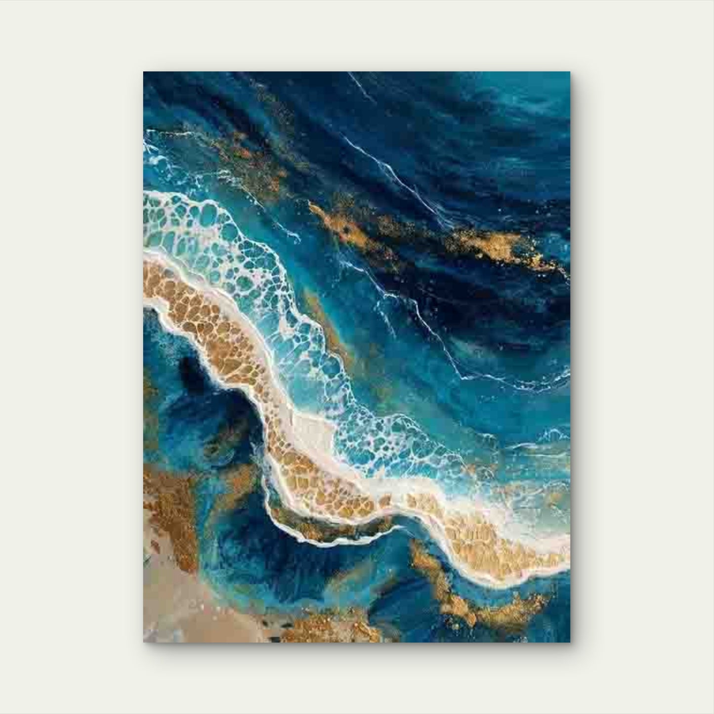Blue & Golden Abstract Ocean Painting Metal Print Ready to Hang