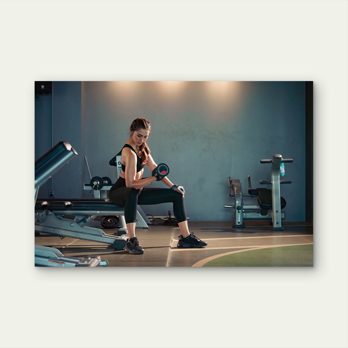 Female Athlete Doing Seated Dumbbell Bicep Curl Gym Fitness 5mm thick Plastic Poster Ready to Hang 90x60cm