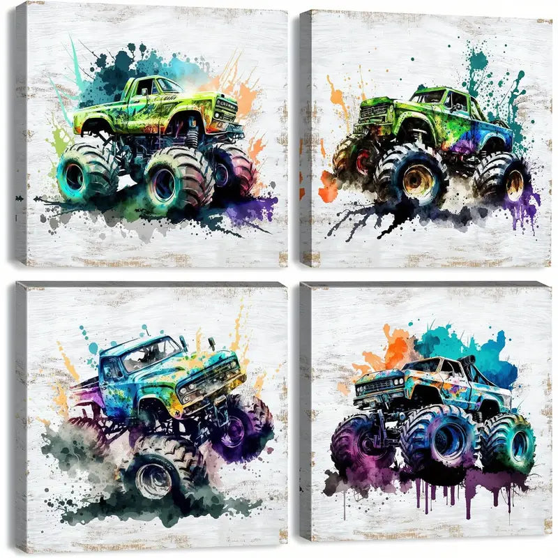 4pcs Vibrant Monster Truck Wall Art Canvas Framed