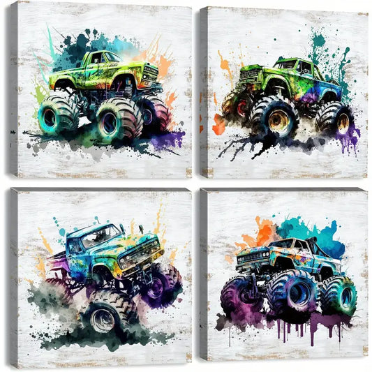 4pcs Vibrant Monster Truck Wall Art Canvas Framed