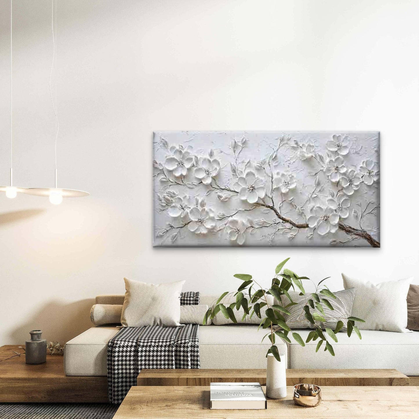 White Flowers on a Branch Wall Art Canvas Office Home Room Framed 120x60cm - Bella Home Decor