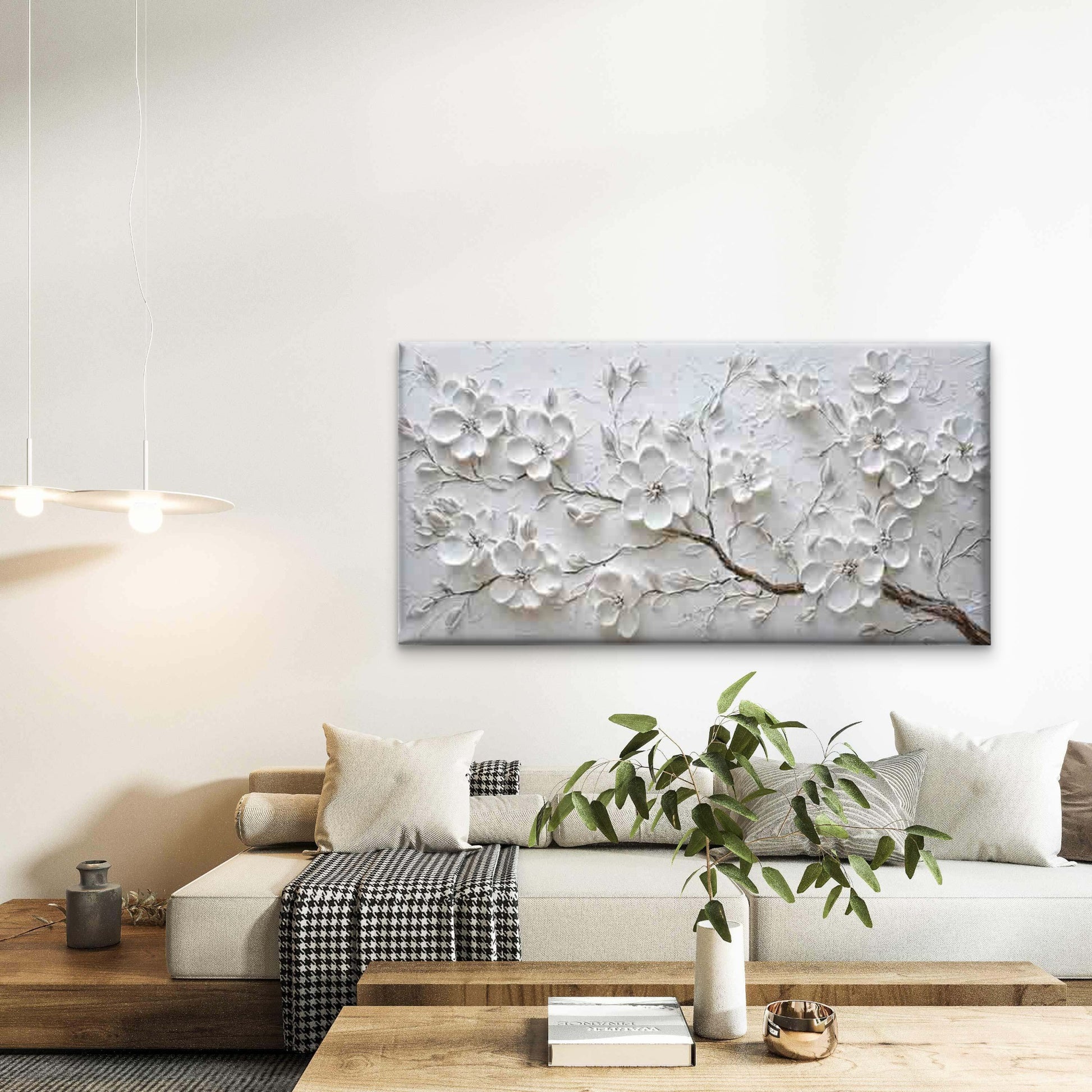 White Flowers on a Branch Wall Art Canvas Office Home Room Framed 120x60cm - Bella Home Decor