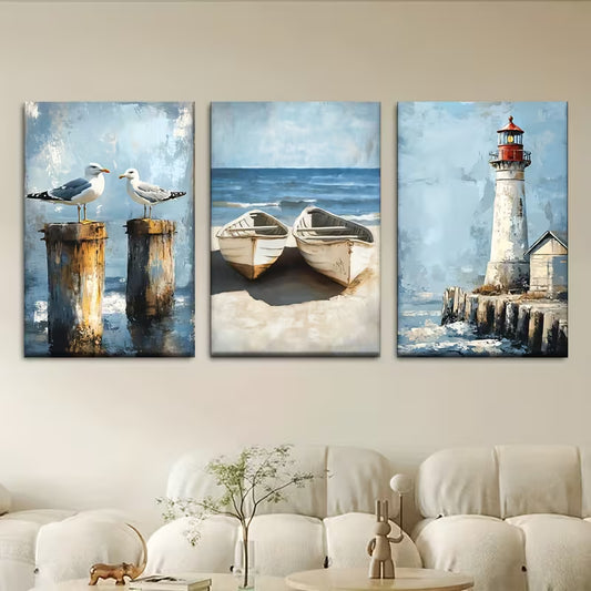 3pcs Abstract Art Sea Boats Seagulls Lighthouses Wall Art Set Canvas Framed 40x60cm - High Quality Print 100% Australian Made Wall Canvas Ready to Hang