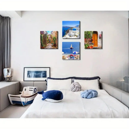 4pcs Santorini Greece Wall Art Canvas Framed