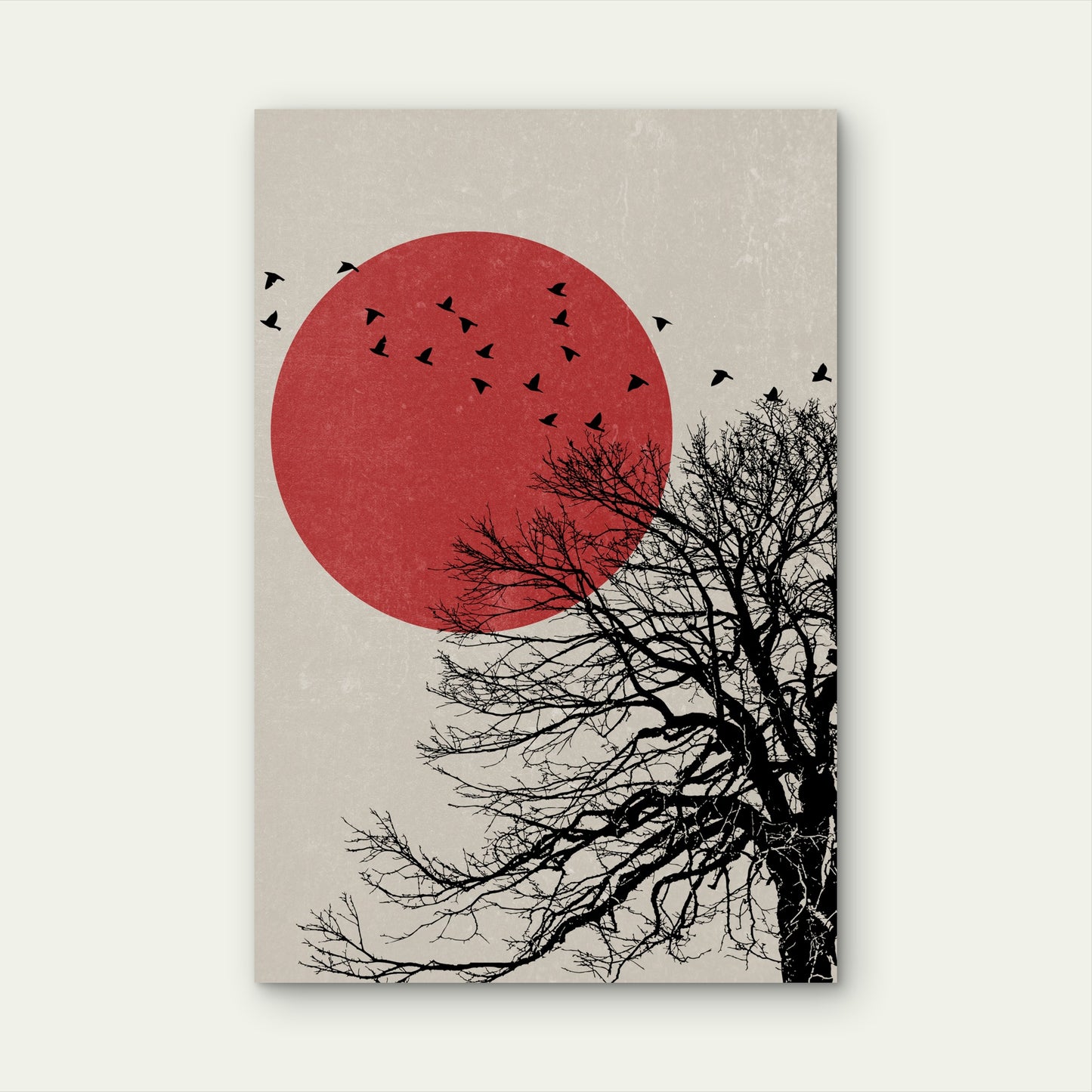 Red Sun with Tree Silhouette and Birds 40x60cm Metal Print Ready to Hang