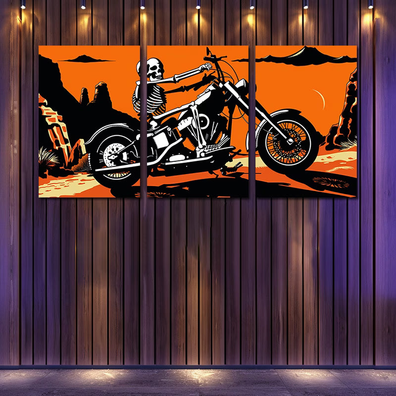 3pcs Skeleton on an Old Motorcycle Wall Art Set Canvas Framed 40x60cm - High Quality Print 100% Australian Made Wall Canvas Ready to Hang