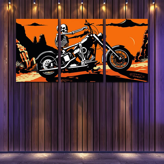 3pcs Skeleton on an Old Motorcycle Wall Art Set Canvas Framed 50x70cm - High Quality Print 100% Australian Made Wall Canvas Ready to Hang