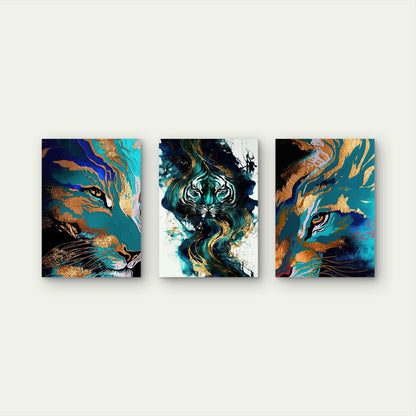 3pcs Abstract Tiger Marble Art Teal Gold     Wall Art Set Canvas Framed 50x70cm - High Quality Print 100% Australian Made Wall Canvas Ready to Hang