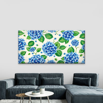 Blue Hydrangea Tile Pattern Wall Art Canvas Office Home Room Framed 120x60cm