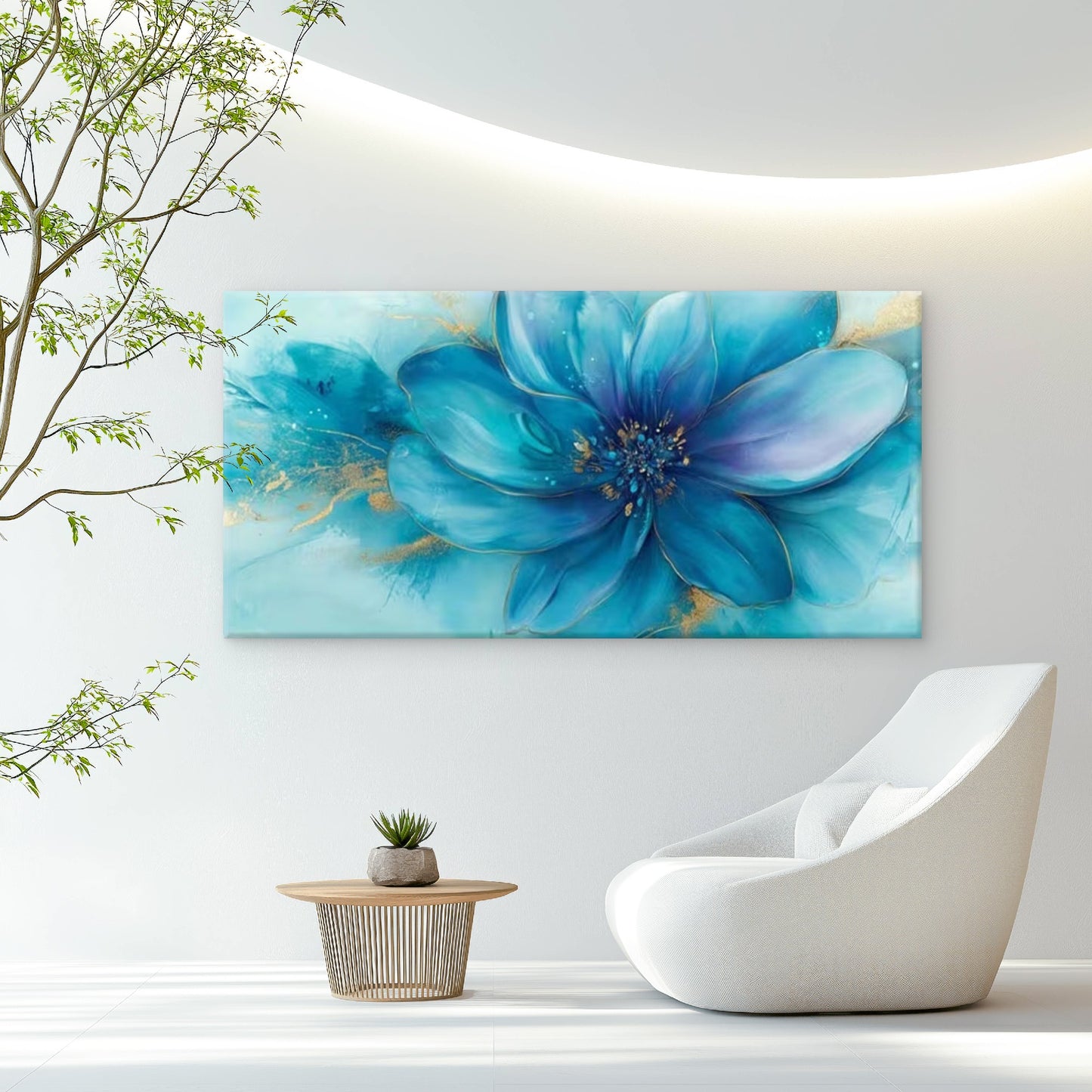 Blue Floral Abstract Golden Wall Art Canvas Office Home Room Framed 120x60cm