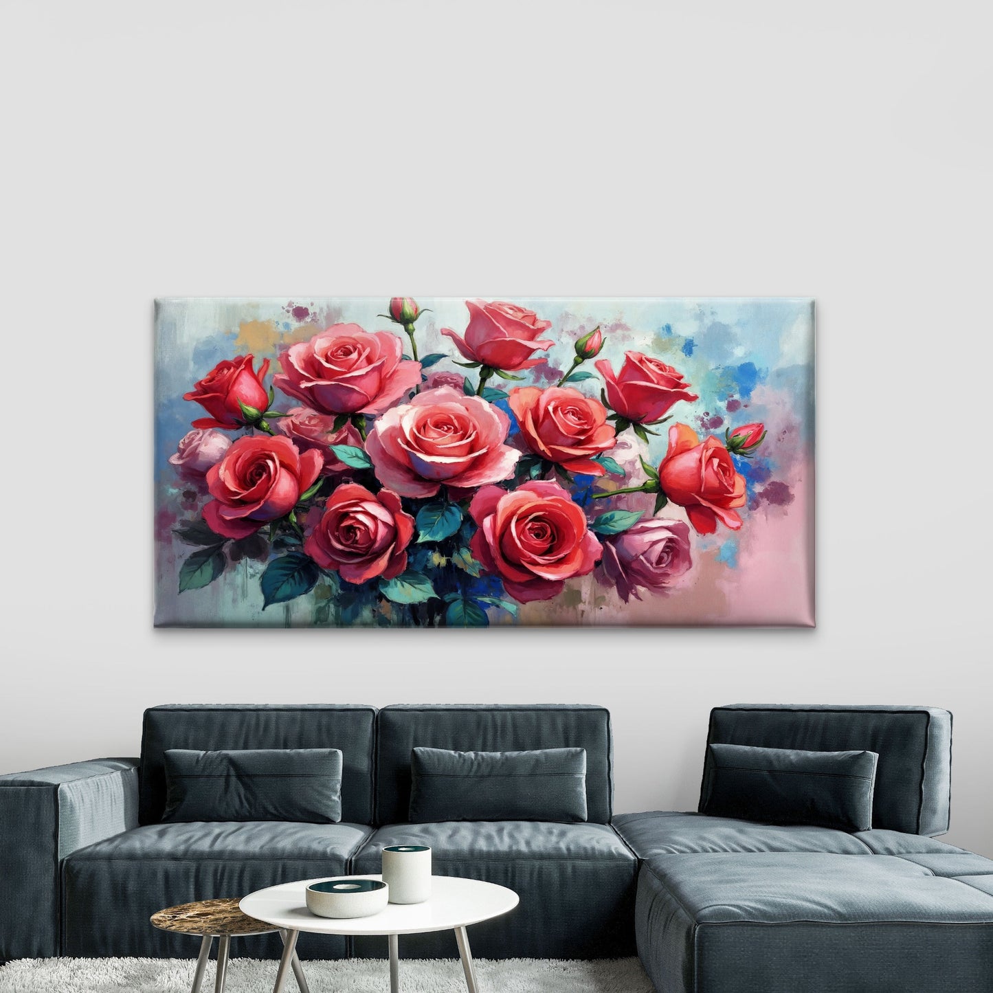 Vibrant Red Roses Painting Wall Art Canvas Office Home Room Framed 120x60cm