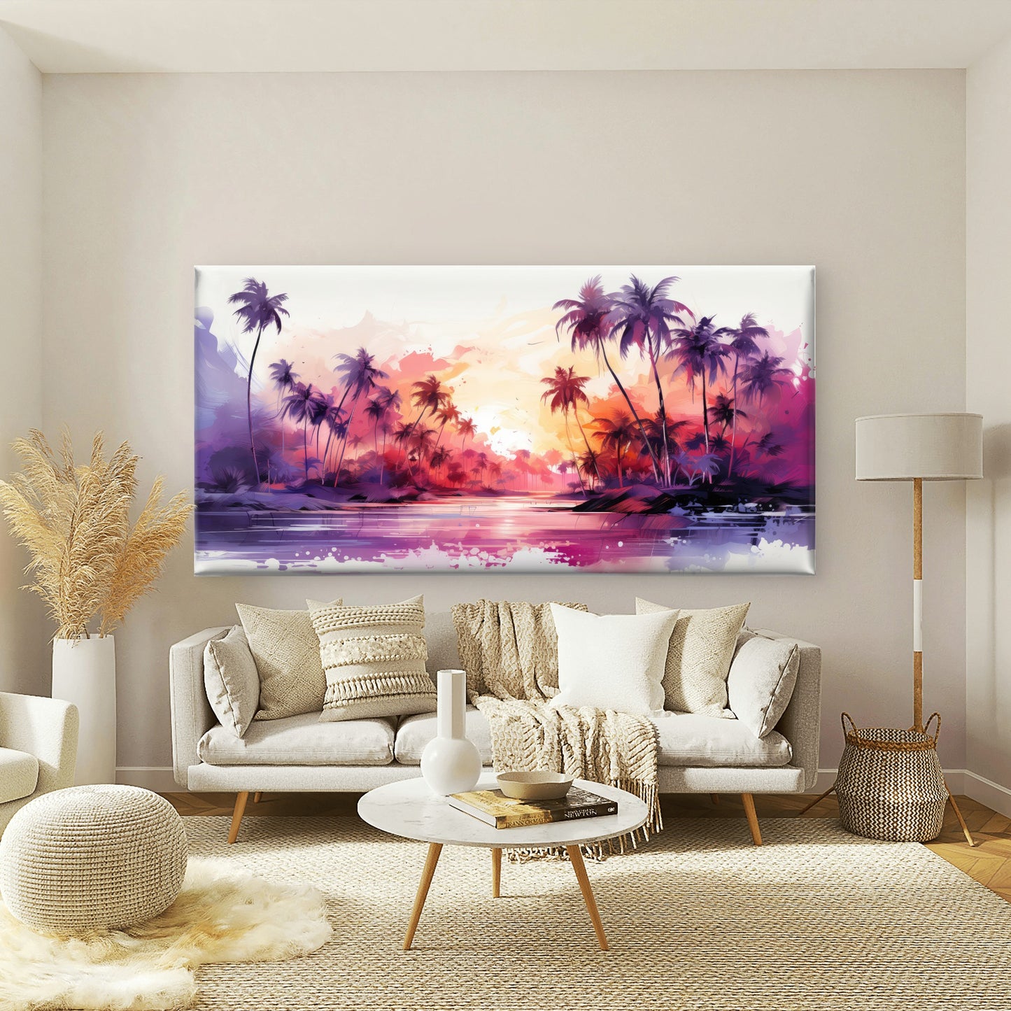 Purple Pink Sunset Beach Palms Wall Art Canvas Office Home Room Framed 120x60cm