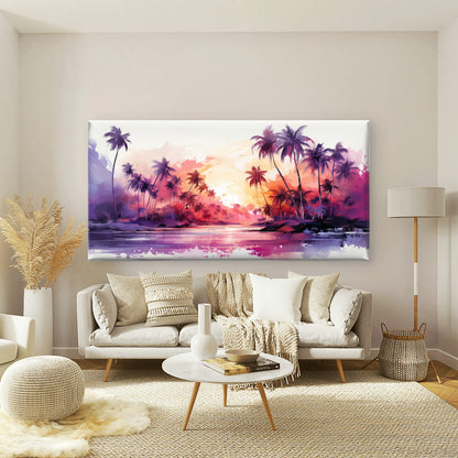 Purple Pink Sunset Beach Palms Wall Art Canvas Office Home Room Framed 120x60cm