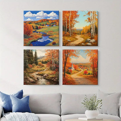 4pcs Autumn Scenery Farmhouse Style Wall Art Canvas Framed