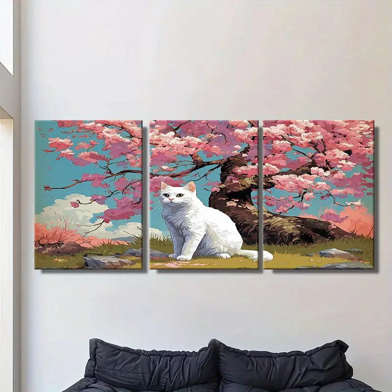 3pcs White Cat & Cherry Blossom Tree Metal Print Ready to Hang Art