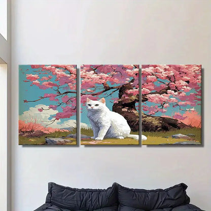 3pcs White Cat & Cherry Blossom Tree Metal Print Ready to Hang Art