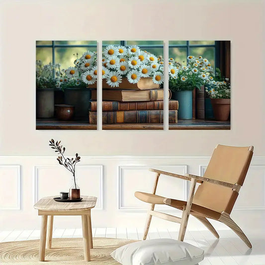 3pcs Vintage Books & Daisies Canvas Metal Print Ready to Hang Art