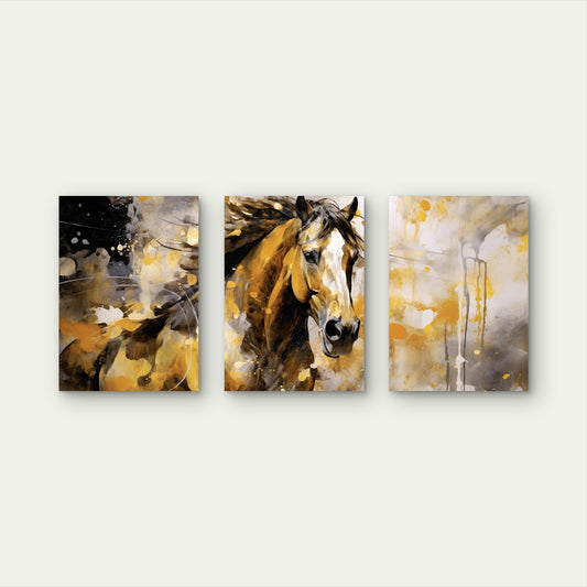 3pcs Abstract Golden Horse Painting Ochre Grey  Wall Art Set Canvas Framed 40x60cm - High Quality Print 100% Australian Made Wall Canvas Ready to Hang
