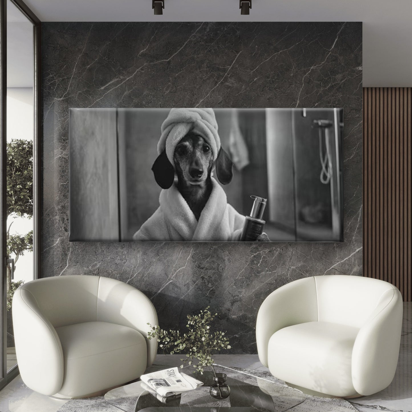 Black and White Funny Dog in Bathrobe Wall Art Canvas Office Home Room Framed 120x60cm