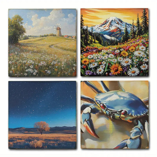 4pcs Crab,Mountain With Flower Garden Wall Art Canvas Framed