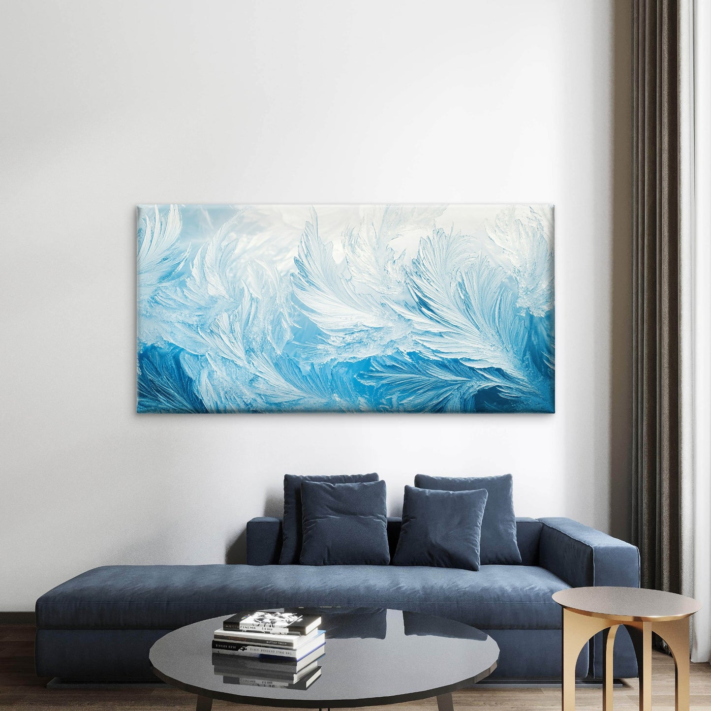 Ice Frost Crystal Winter Blue Wall Art Canvas Office Home Room Framed 120x60cm