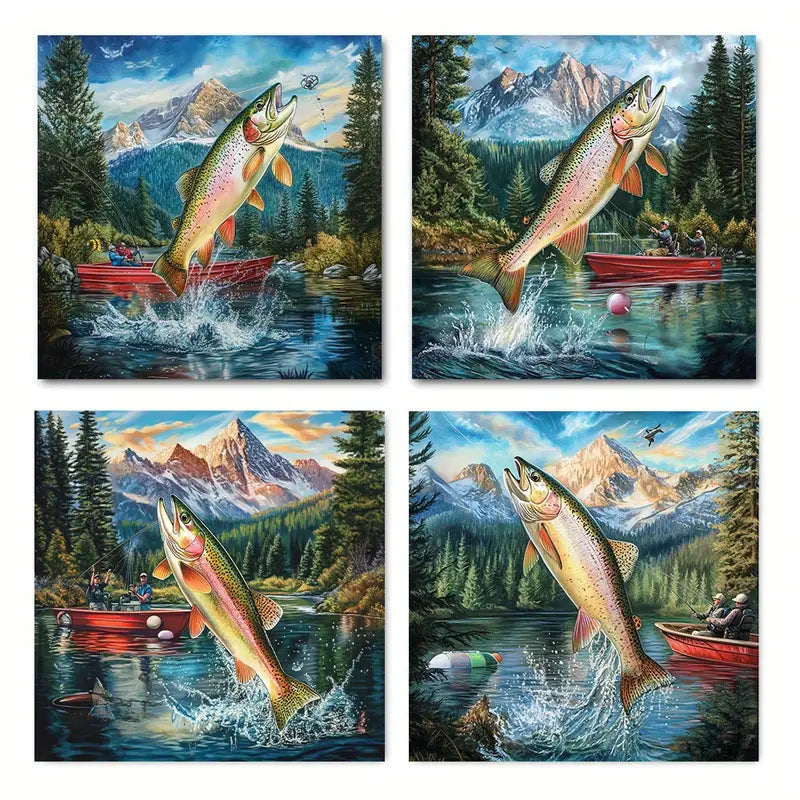 4pcs Modern Fishing Scene Canvas Wall Art Canvas Framed