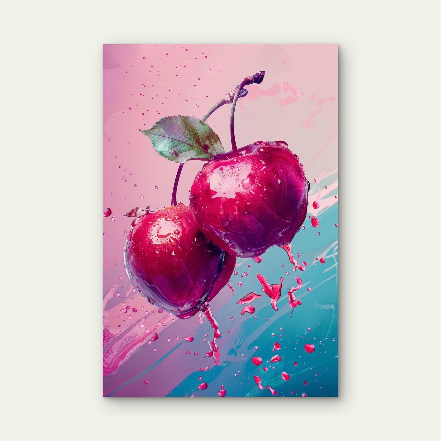Vibrant Illustration of Cherries with Water Droplets 40x60cm Metal Print Ready to Hang