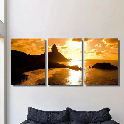 3pcs Golden Beach & Rocky Cliffs Metal Print Ready to Hang Art - Bella Home Decor
