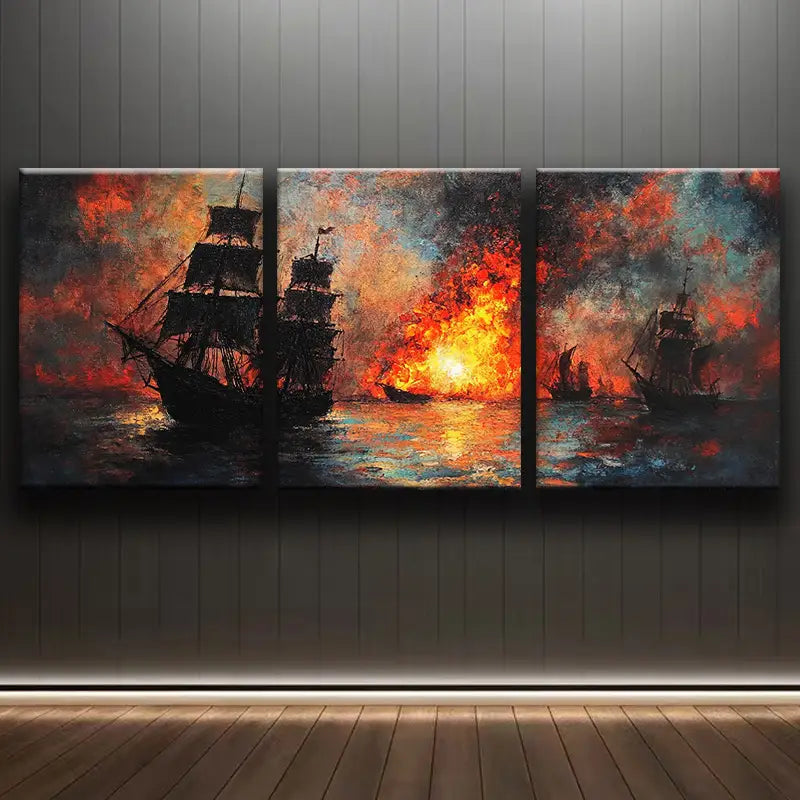 3pcs Burning Ship In Flames, Metal Print Ready to Hang Art - Bella Home Decor