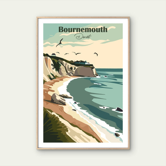Scenic Coastal Cliffs , Bournemouth England Vintage Travel Poster Print Wall Art