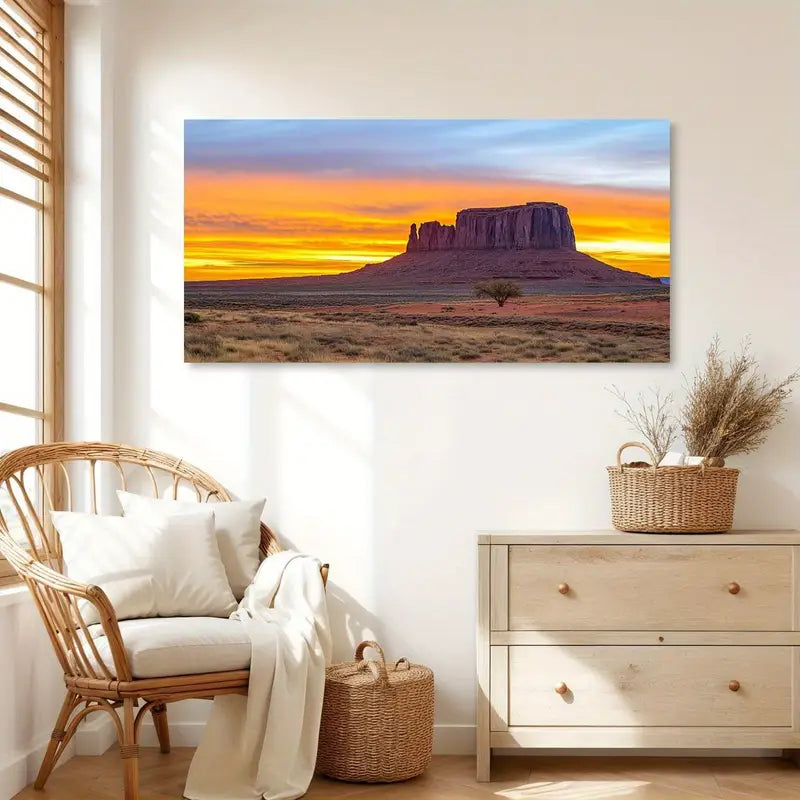 Desert Sunset Dawn Scenery Lone Tree & Rock Formations Vibrant Orange Yellow Blue Sky Wall Art canvas office home room framed 120x60cm - Bella Home Decor