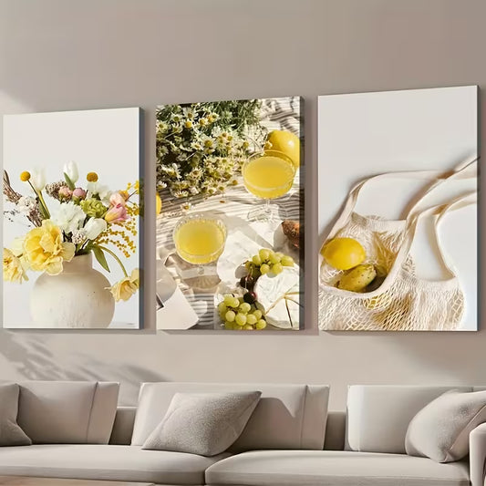3pcs Tasting Picnic with Lemon Grape Plants and Flowers Wall Art Set Canvas Framed 40x60cm - High Quality Print 100% Australian Made Wall Canvas Ready to Hang