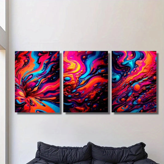 3pcs Abstract Fluid Vibrant Blue Red Classic Design Metal Print Ready to Hang Art