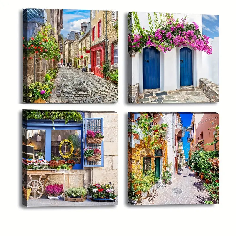 4pcs Colorful European Townscape Wall Art Canvas Framed