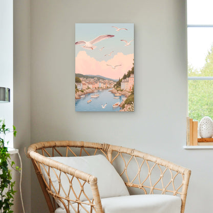 Coastal Village Seagulls Pastel Sky 40x60cm Metal Print Ready to Hang