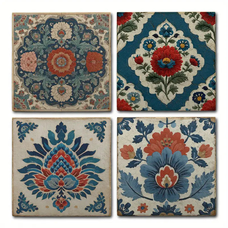4pcs Traditional Flower Decor Wall Art Canvas Framed