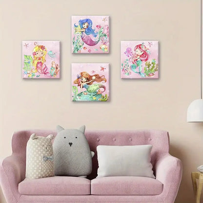 4pcs Watercolor Cute Pink Mermaid Pictures Wall Art Canvas Framed