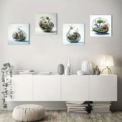 4pcs Crystal Snail Shell Vibrant Miniature Ecosys Wall Art Canvas Framed