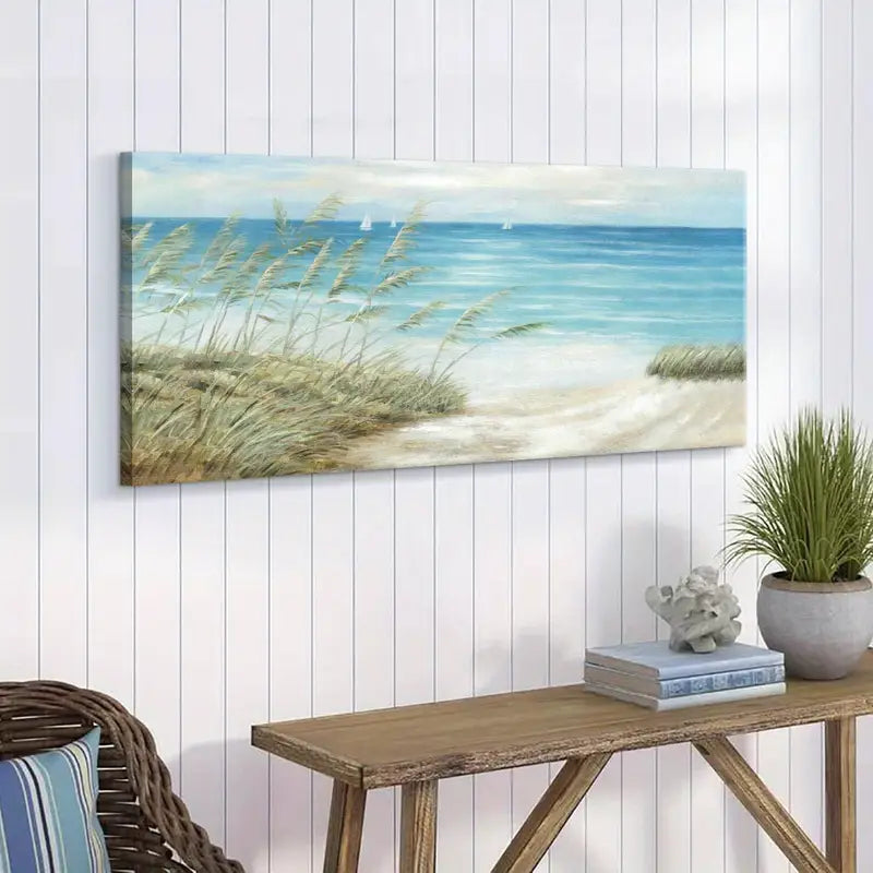 Beach Serene Coastal Sandy Shore & Ocean Waves Wall Art canvas office home room framed 120x60cm - Bella Home Decor