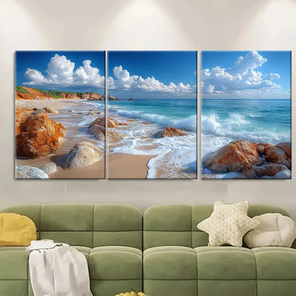 3pcs Rocky Seascape Avoca Beach Australia Wall Art Set Canvas Framed 40x60cm - High Quality Print 100% Australian Made Wall Canvas Ready to Hang