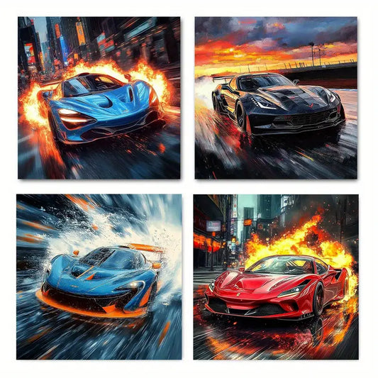 4pcs Vibrant Cyberpunk Race Car Prints Wall Art Canvas Framed
