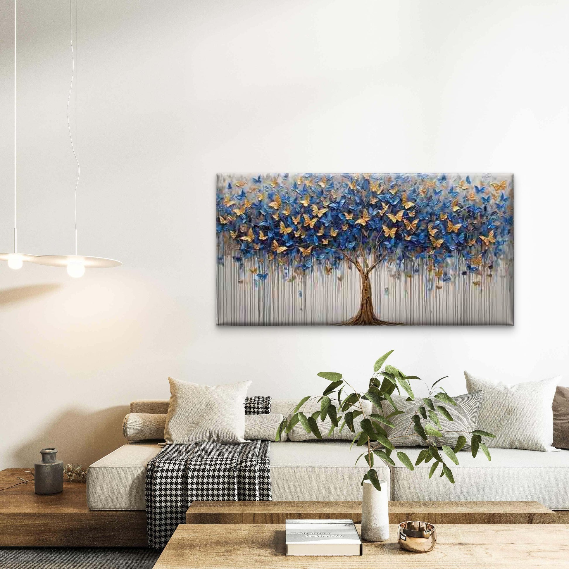 Blue and Golden Butterfly Tree Wall Art Canvas Office Home Room Framed 120x60cm - Bella Home Decor