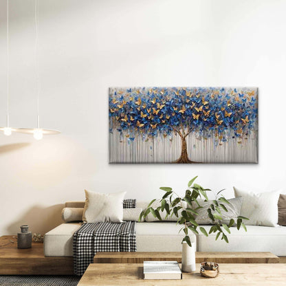 Blue and Golden Butterfly Tree Wall Art Canvas Office Home Room Framed 120x60cm - Bella Home Decor