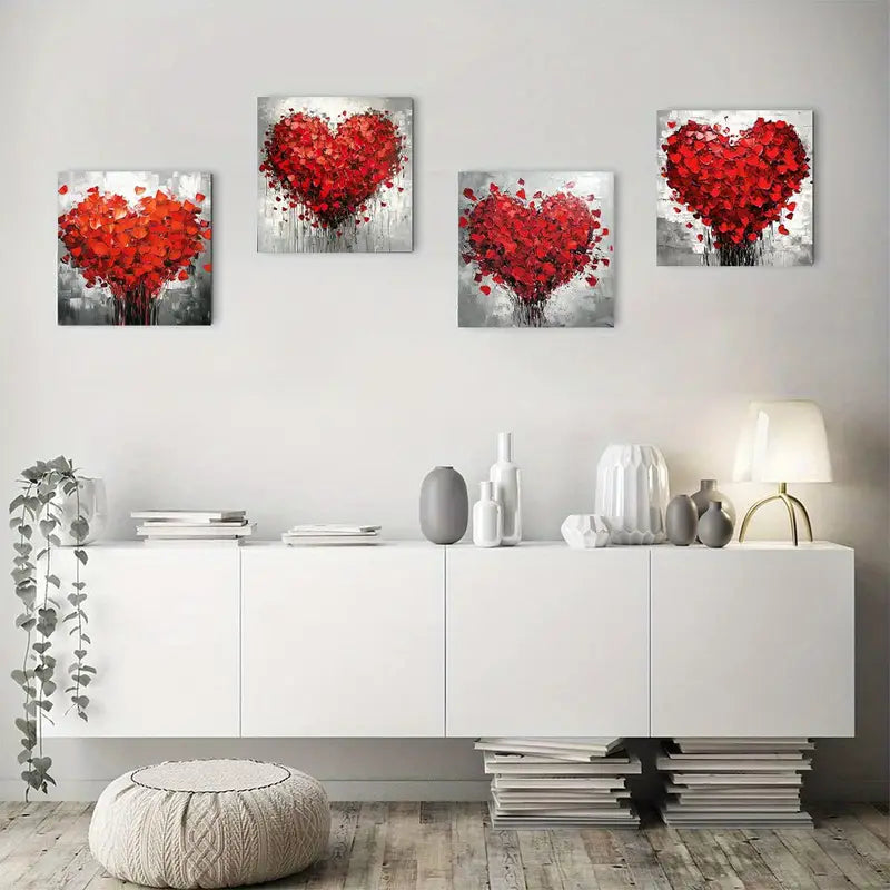 4pcs Romantic Red Heart Design Wall Art Canvas Framed