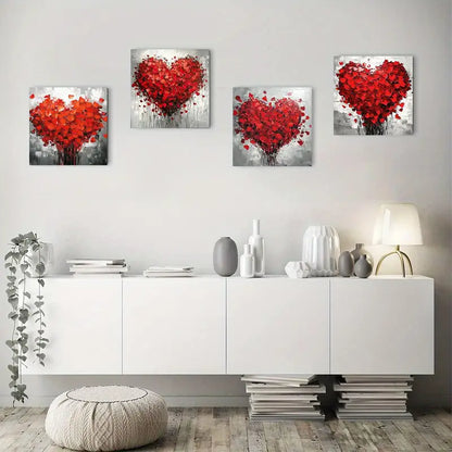 4pcs Romantic Red Heart Design Wall Art Canvas Framed