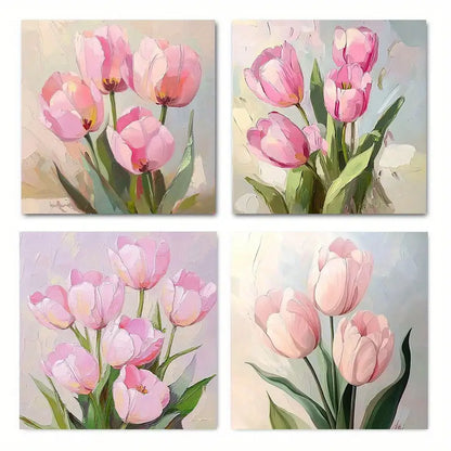 4pcs Elegant Tulip Prints, Pink Floral Wall Art Canvas Framed